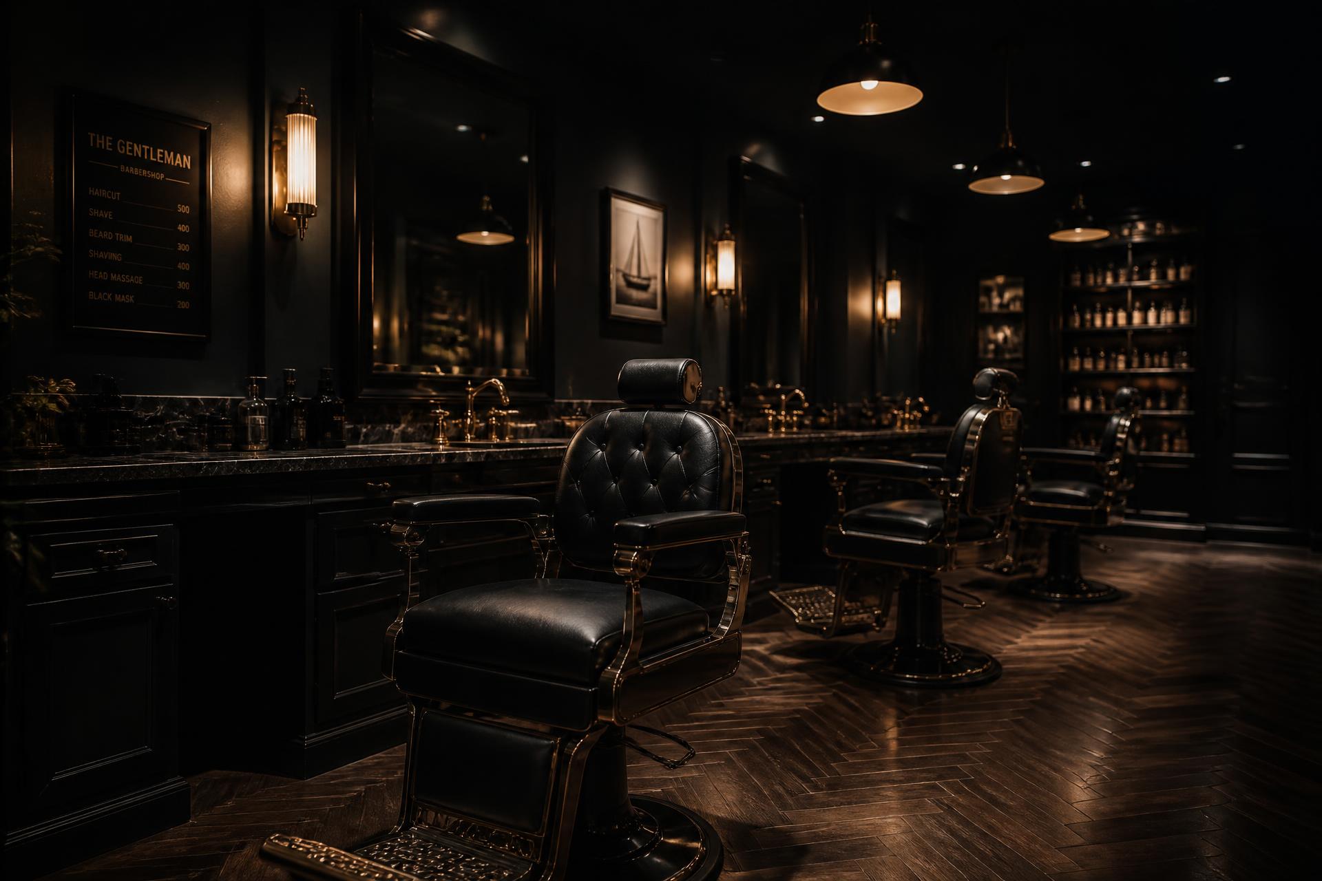 Interior of Three Brothers Barbershop in Mildura with leather chairs and gold lighting